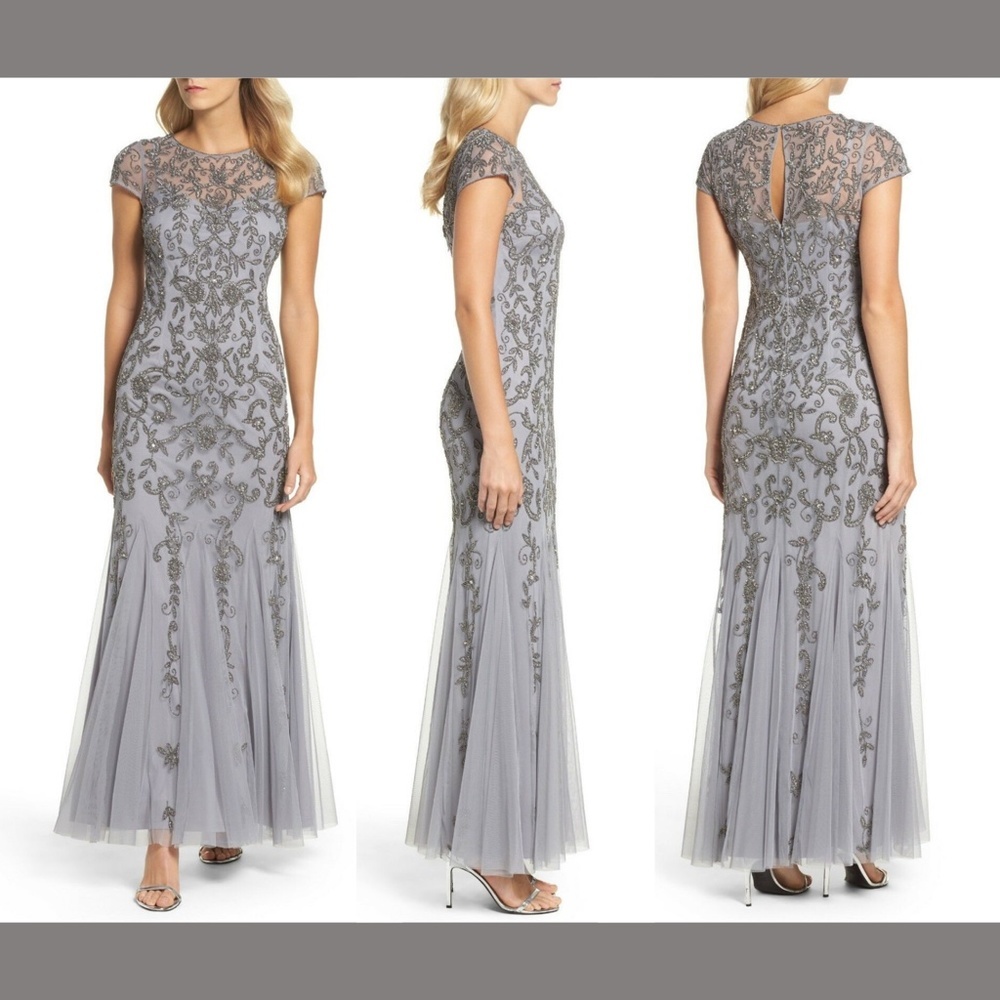 NEW $300 Adrianna Papell Floral Beaded Trumpet‎ Gown Silver [ 2 8  ]
